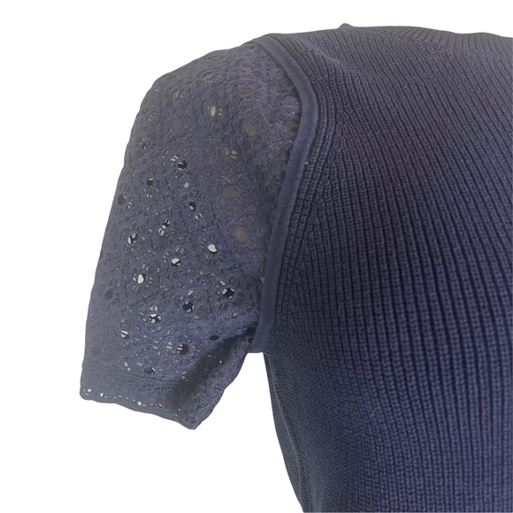 J.CREW Women's Eyelet Lace Sleeve Cotton Knit Navy Short Sleeve Sweater Small - Picture 3 of 11